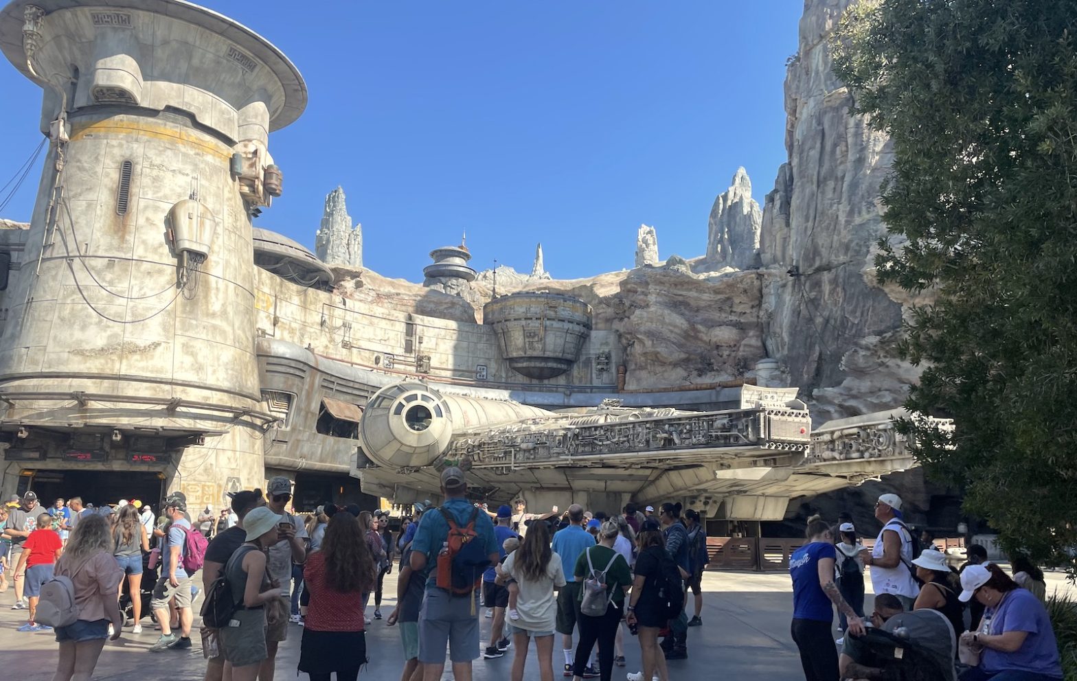 The Millennium Falcon parked in her hangar on the planet Batuu, sometimes referred to as Disneyland's Galaxy's Edge theme park.