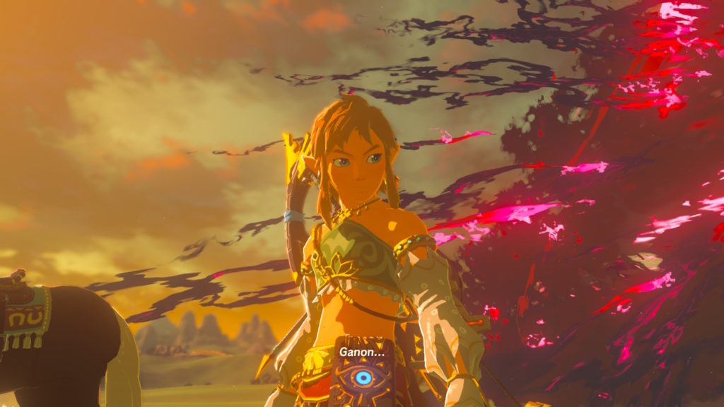 Link framed against an orange sky left of frame, and blood-red Ganon energy on the right. Link is wearing a bikini top, arm wraps, and orange earrings.