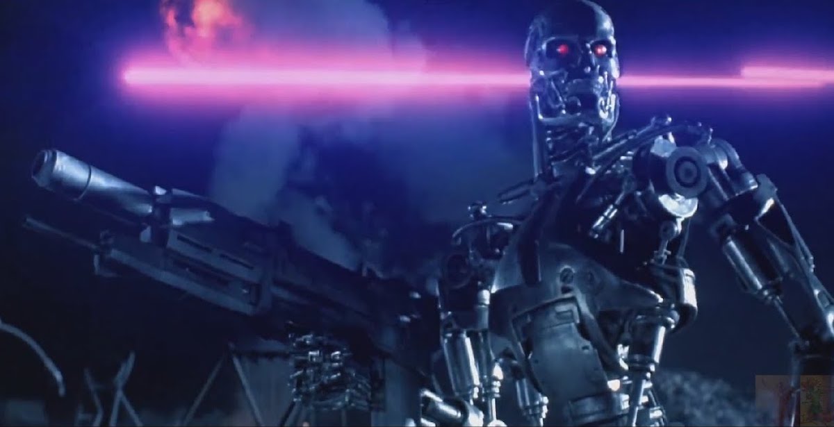 A Terminator endoskeleton, a chrome skeletal figure with glowing red eyes and a machine gun, surveys an apocalyptic battlefield as purple laser beams strafe past in the background.