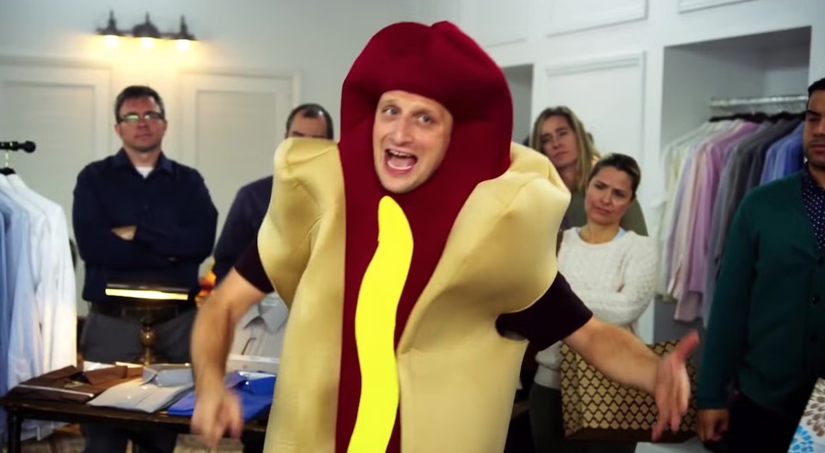 The "Hot Dog Guy" meme from "I Think You Should Leave." A white man in a hot dog costume, trying to seem reasonable.