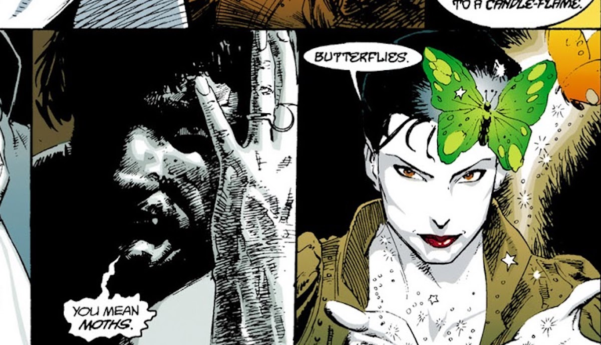 Comic book panel art of Dream, a gothy, depressed male; and Desire, a pale-skinned non-binary person, discussing butterflies.