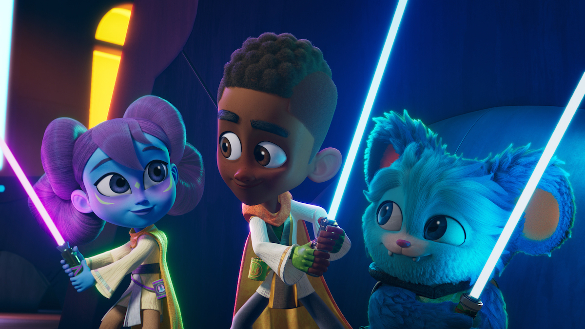 Three cartoon Jedi with childlike features, looking at one another with affection.