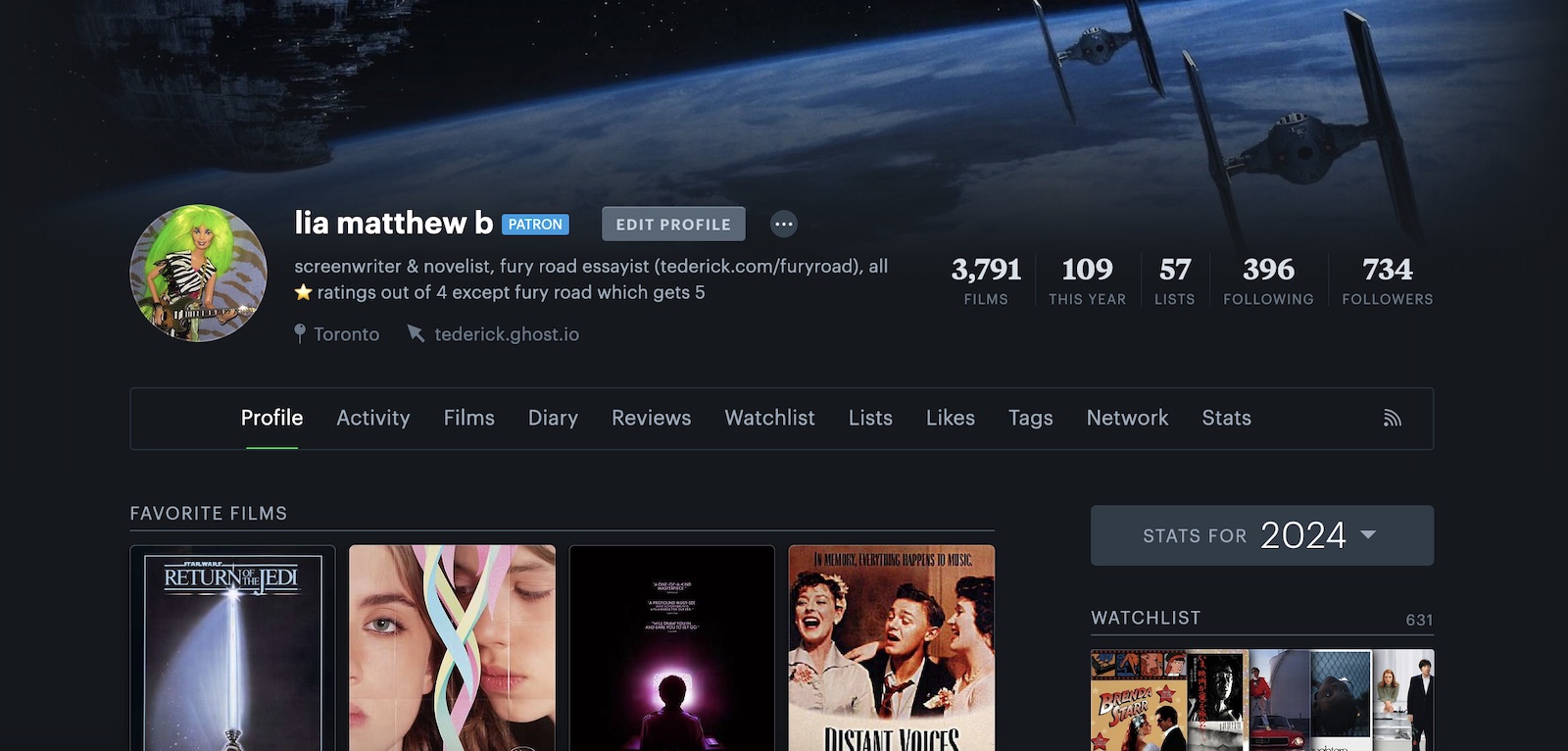 Screenshot of a Letterboxd profile page for the author. A still from Return of the Jedi is featured, along with the top halves of the Favourite Films.